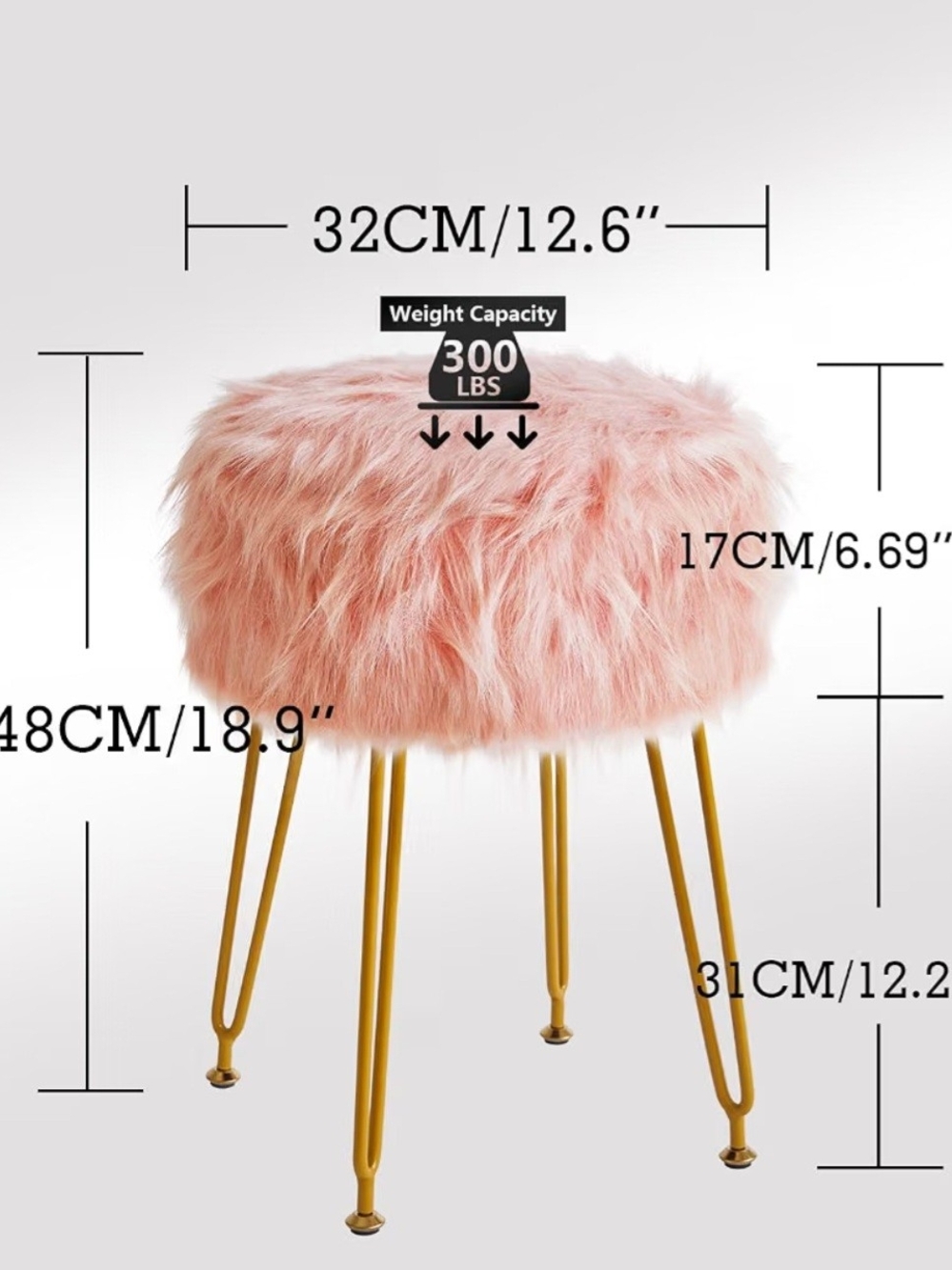 Blush Pink Faux Fur Accent Stool with Gold Legs